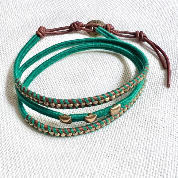 CHAN LUU Sterling & Gold Vermeil Nugget & Leather Green Wrap Boho Bracelet - Picture 3 of 6